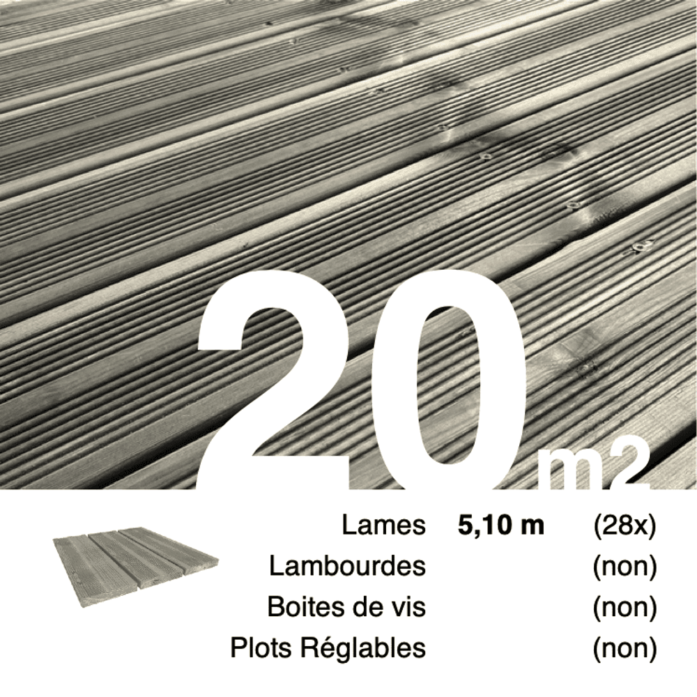 Planches de terrasse pin autoclave gris pour 20 m², longueur 5,1 m.