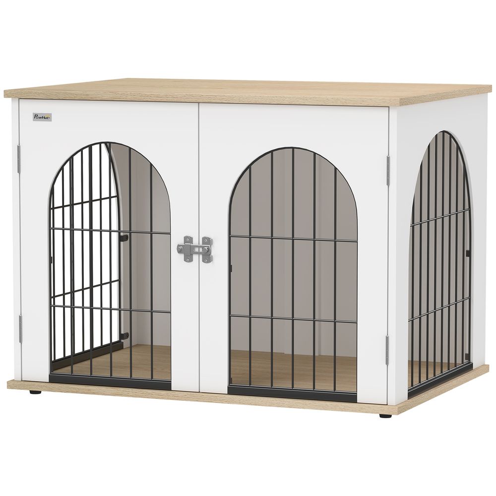 Cage chien meuble métal blanc 80 x 56 x 59 cm pour chien moyen double porte