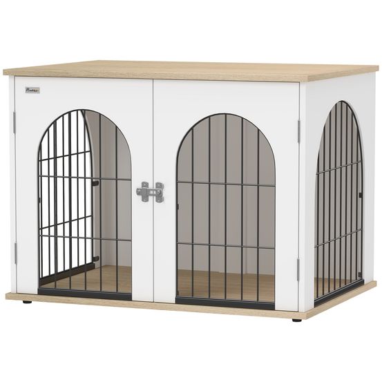 Cage chien meuble métal blanc 80 x 56 x 59 cm pour chien moyen double porte