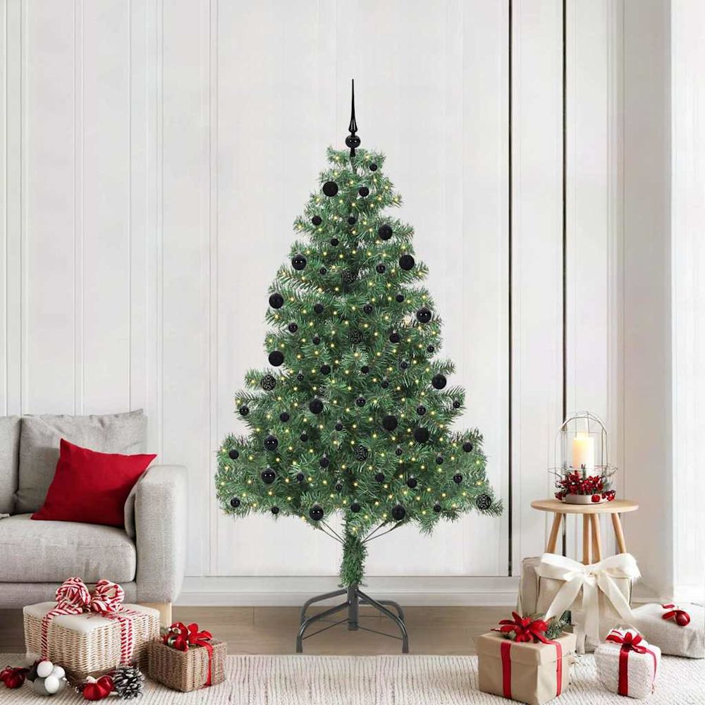 Sapin de noël artificiel 210 cm vert, kit complet avec 300 led blanc chaud et 120 boules