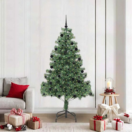 Sapin de noël artificiel 210 cm vert, kit complet avec 300 led blanc chaud et 120 boules