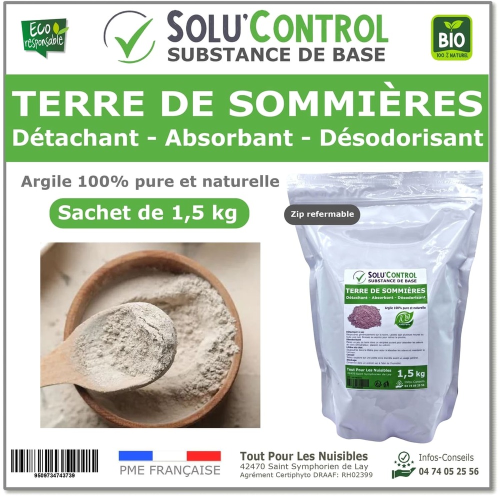 Terre de Sommières 1,5 kg - Détachant Naturel et Absorbant - Élimine les Odeurs d'Urine, Litière de Chat, Tapis, Cendriers