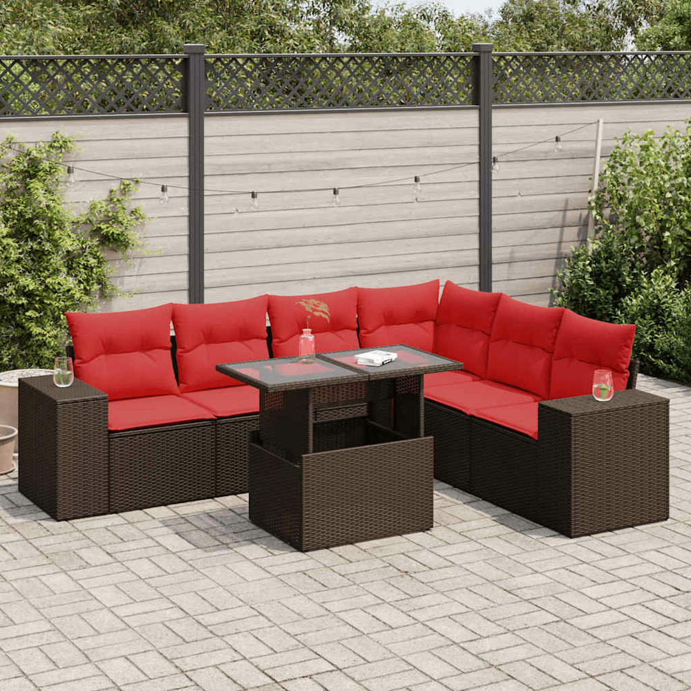 Salon de jardin et coussins 7 pcs marron résine tressée acacia