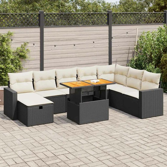 Salon de jardin avec coussins 9 pcs noir résine tressée acacia