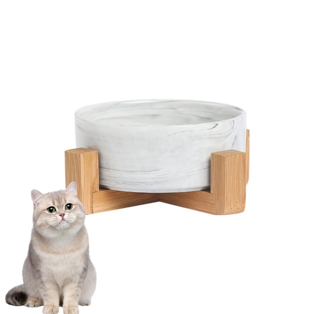Bol surélevé en céramique et bois pour chat
