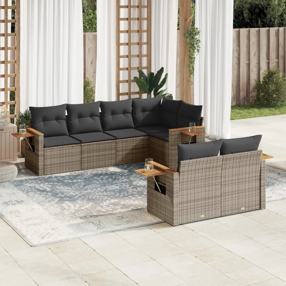 Salon de jardin avec coussins 7 pcs gris résine tressée