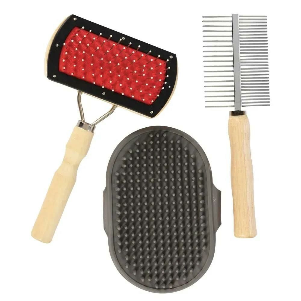 3 brosses pour animaux avec poignées bois d'érable naturel