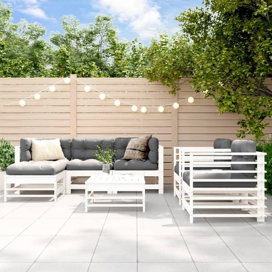 Salon de jardin 7 pcs blanc bois de pin massif