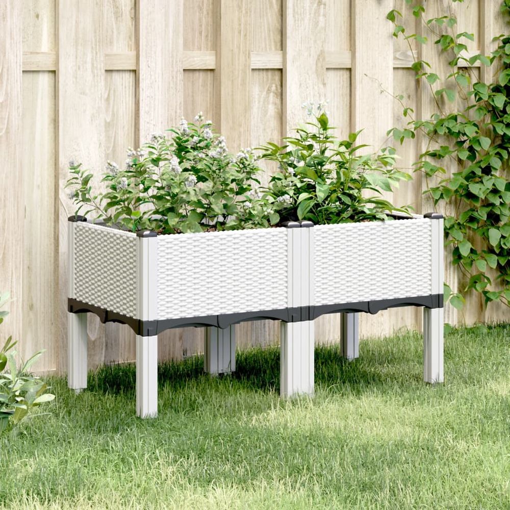 Jardinière sur pieds pp aspect rotin pour balcon terrasse 80x40x42 cm blanc