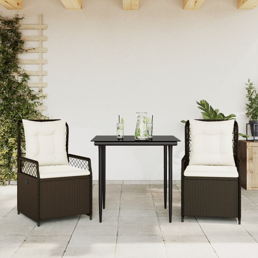 Ensemble à manger de jardin 3 pcs et coussins marron poly rotin