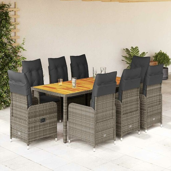 Ensemble de bistro de jardin 9 pcs coussins gris poly rotin
