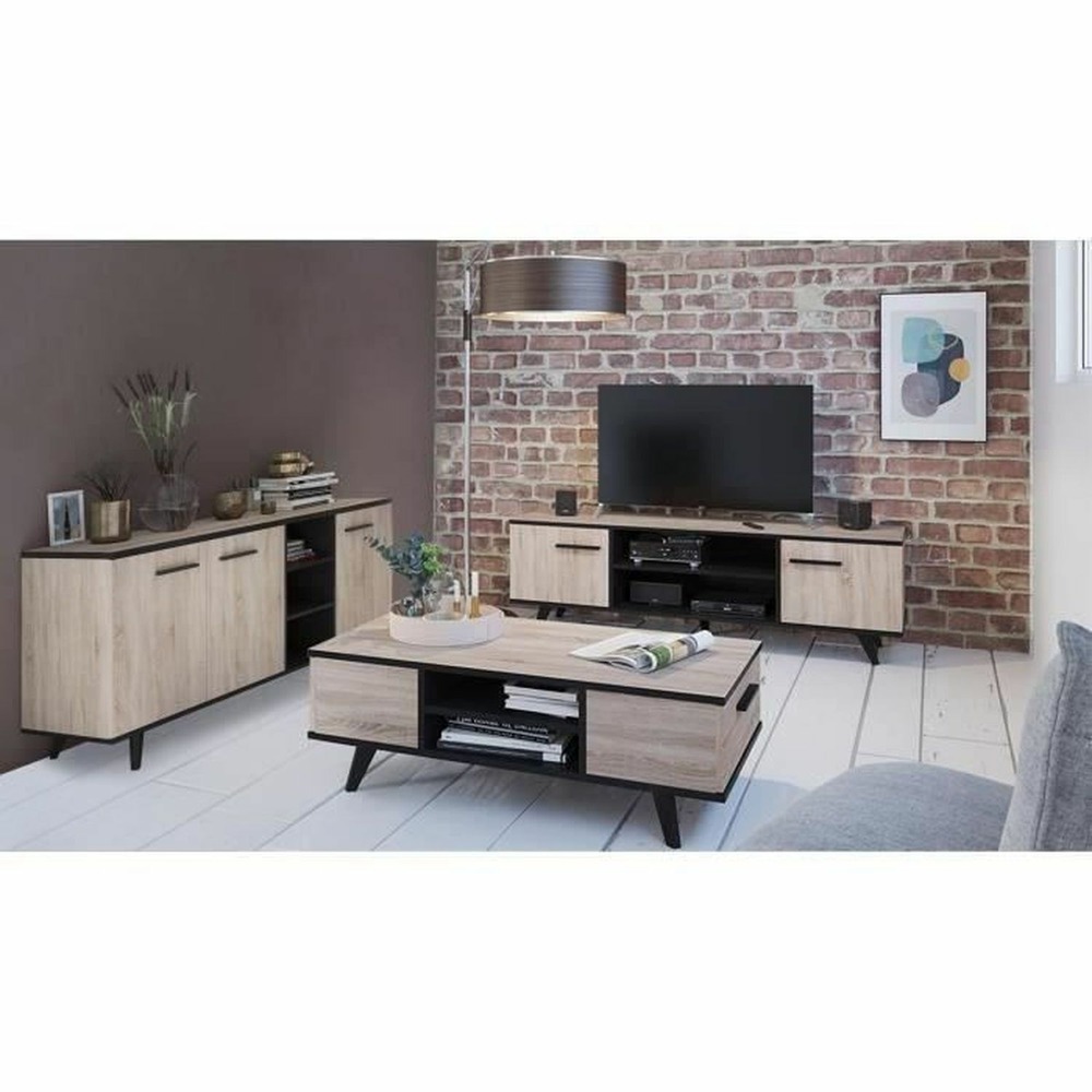 Ensemble scandinave meuble tv + table basse + buffet mélaminé - chêne brossé et noir