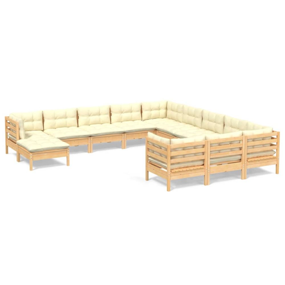 Salon de jardin 12 pcs avec coussins crème bois de pin