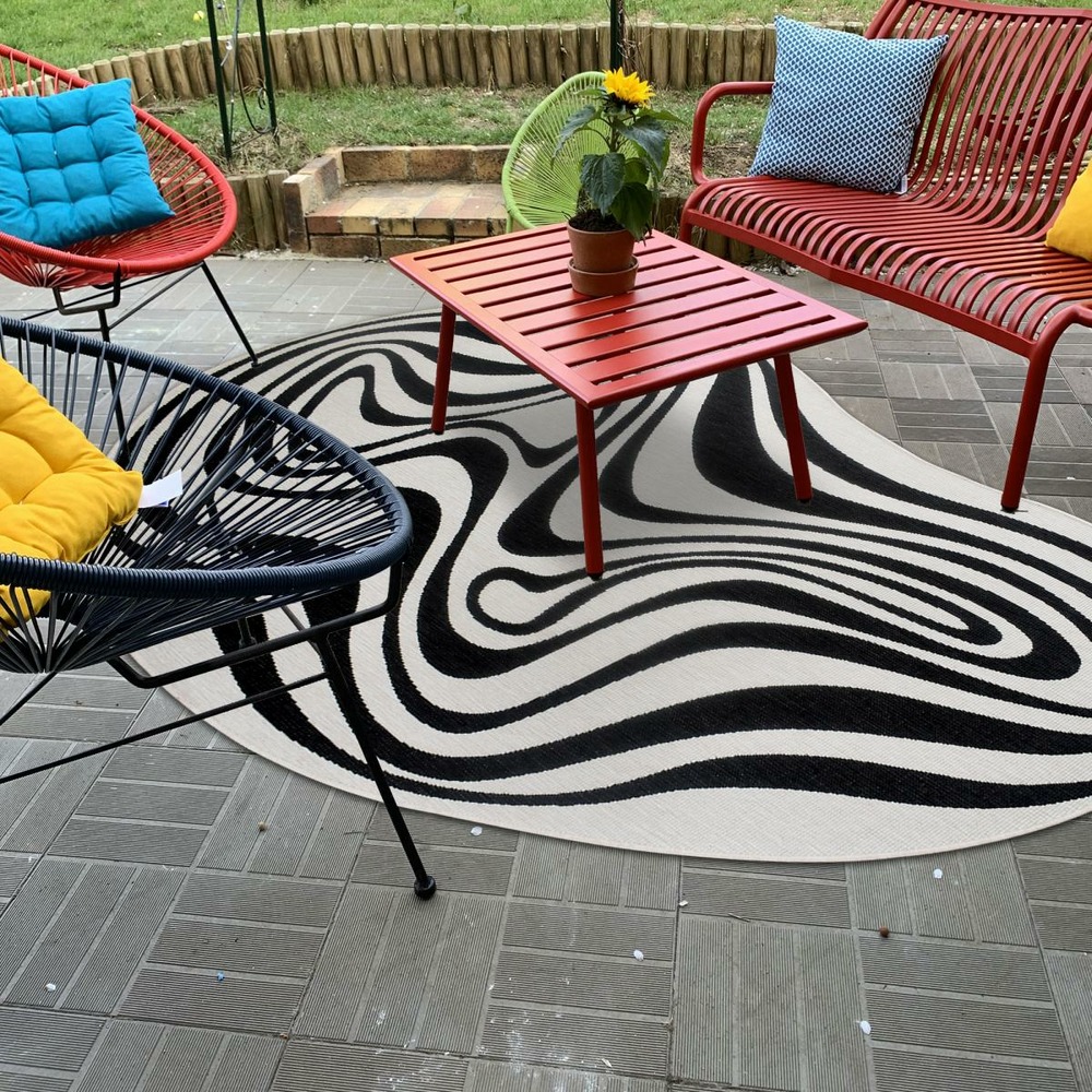 Tapis rond d'extérieur, kilim reversible 160x230 al reversible noir et blanc