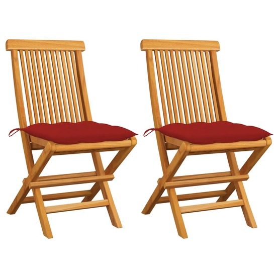 Chaises de jardin et coussins rouge lot de 2 bois teck massif