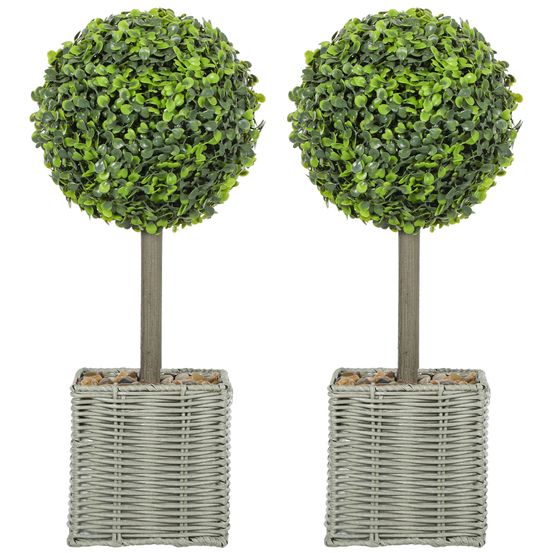 Lot 2 boules buis artificiel plastique tressé intérieur extérieur anti-basculement 50cm vert