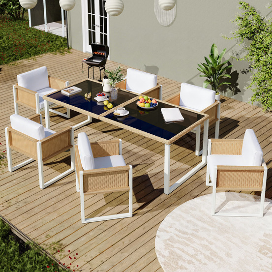 Salle à manger polyrotin 6 pers: fauteuils, housses tissu amovibles lavables marron/blanc