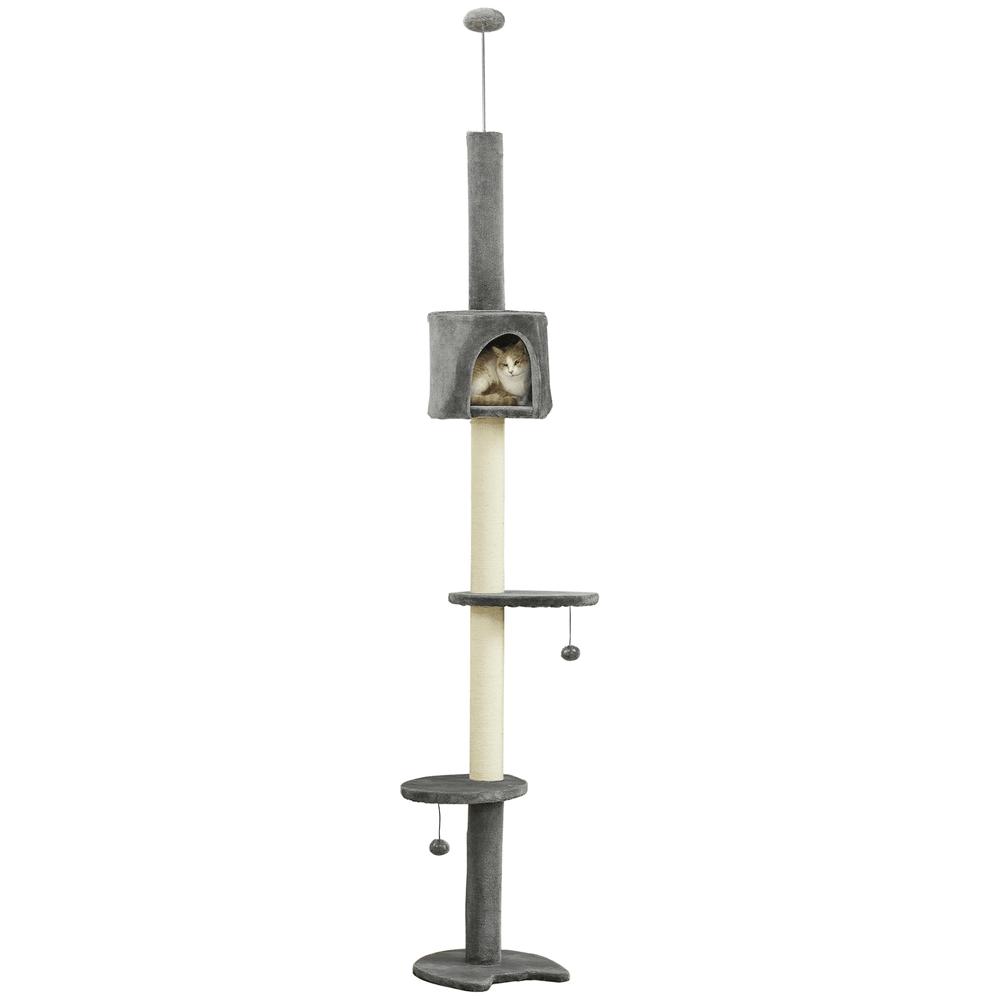 Arbre à chat sol-plafond hauteur réglable avec niche et griffoirs en sisal 255 cm gris clair