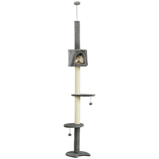 Arbre à chat sol-plafond hauteur réglable avec niche et griffoirs en sisal 255 cm gris clair