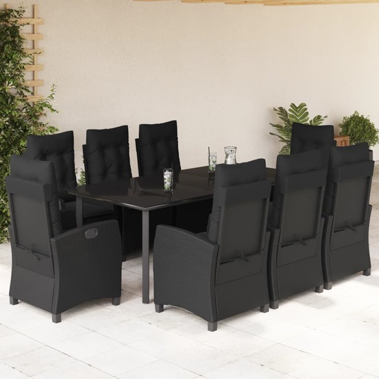 Ensemble à manger de jardin 9pcs coussins noir résine tressée