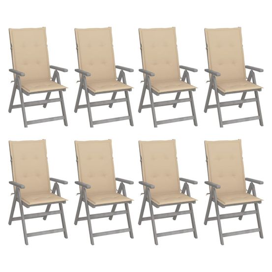 Chaises inclinables de jardin et coussins lot de 8 gris acacia