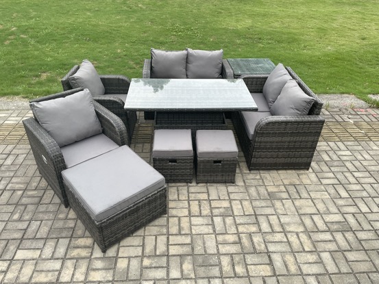 Pe rotin meubles de jardin ensemble hauteur réglable ascenseur table à manger chaises inclinables amour canapé avec table