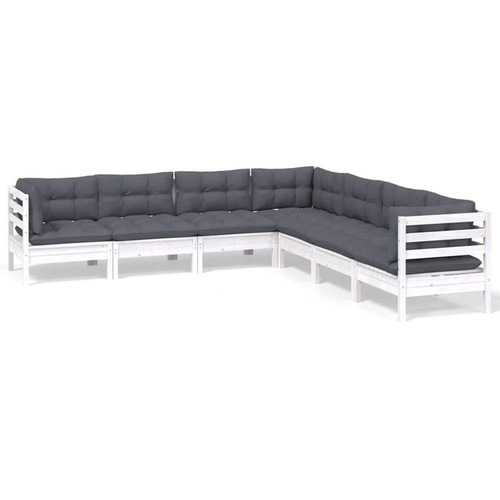 Salon de jardin 7 pcs avec coussins blanc bois de pin massif