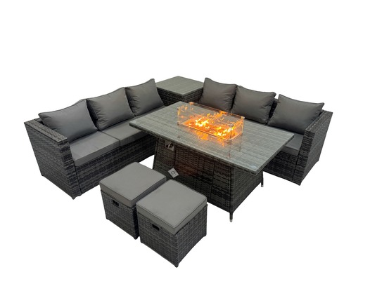 Ensemble de meubles de jardin en rotin ave table de foyer à gaz avec 2 petits tabourets gris foncé mixte 8 places