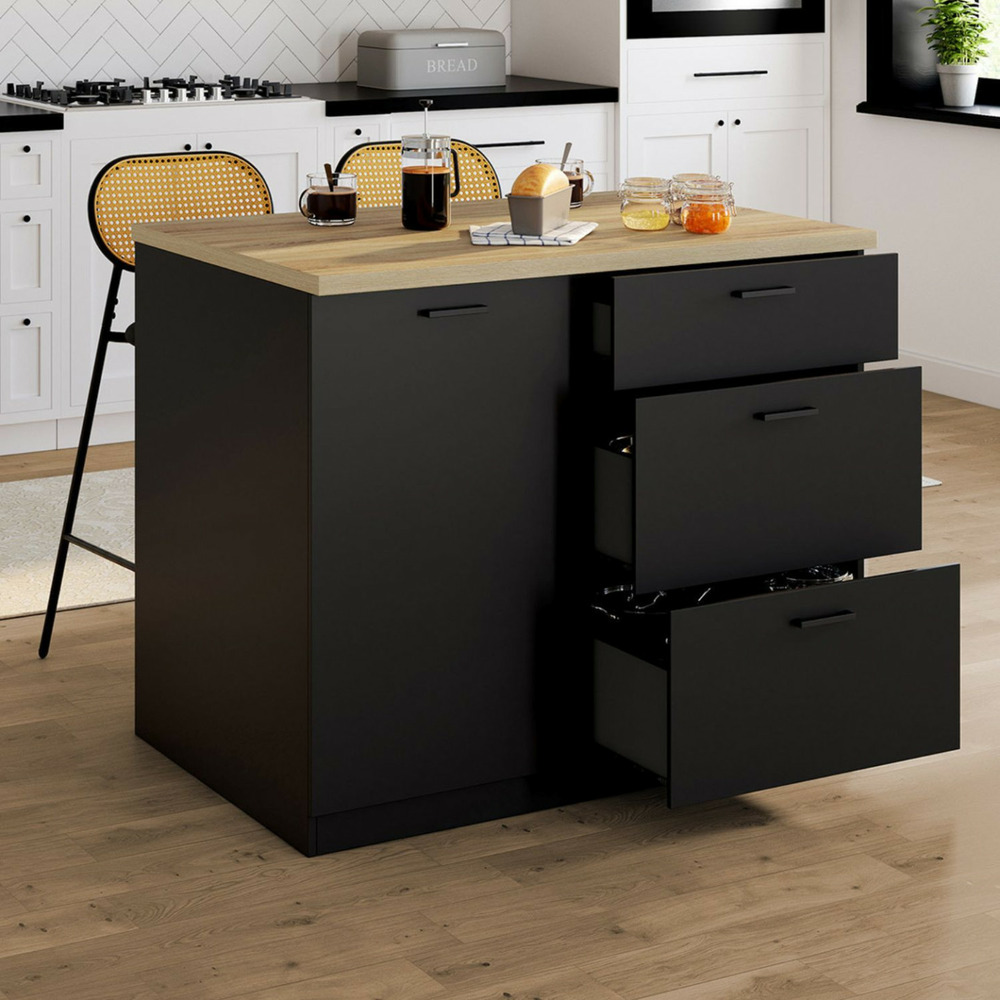 Ilot central tibo 110 cm casserolier 3 tiroirs bois noir avec plan de travail façon hêtre
