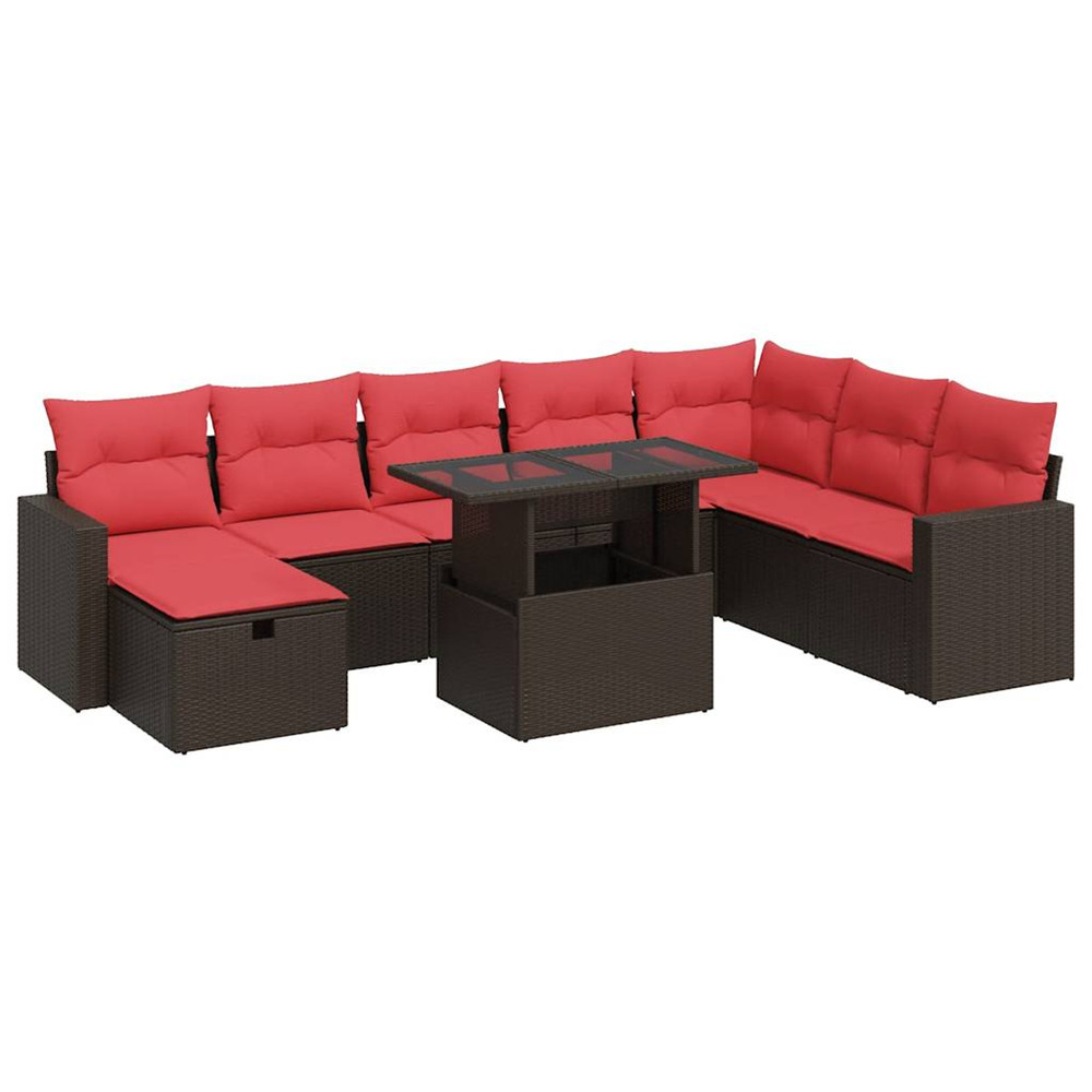 Salon de jardin avec coussins 9 pcs marron résine tressée acacia