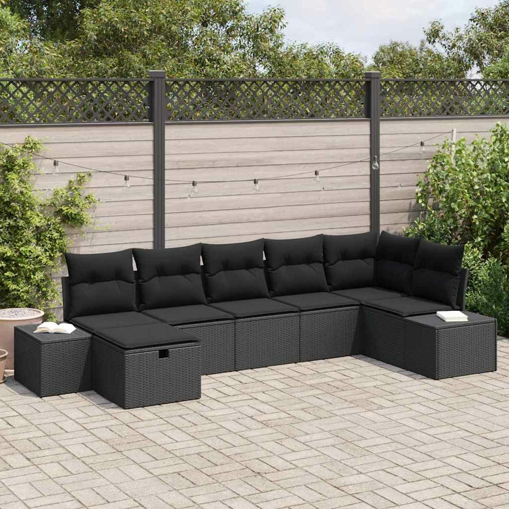 Ensemble de canapé de jardin avec coussin 7 pcs noir polyrotin