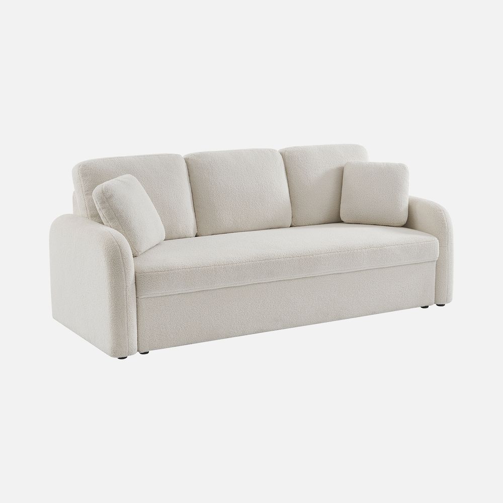 Canapé 3 places cosy rond, tissu bouclettes blanches, milano, l 210 x p 85 x h 85cm