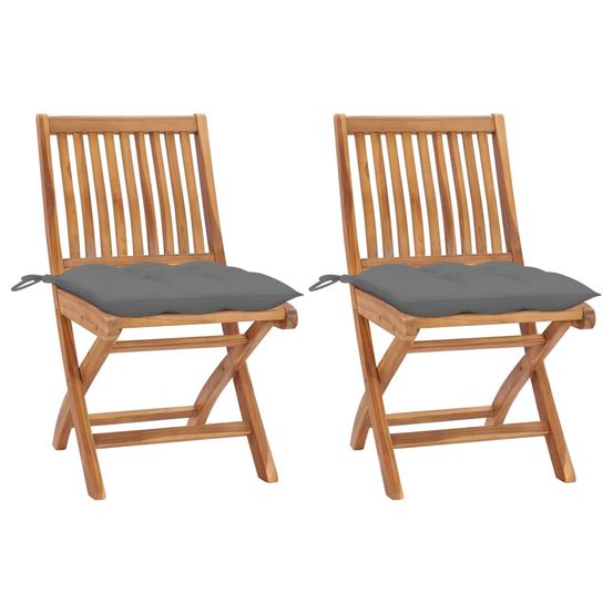 Chaises pliantes (lot de 2) avec coussins gris, en teck massif