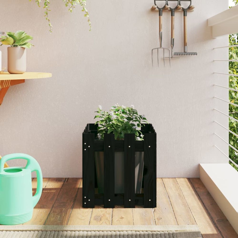 Jardinière carrée pin massif design moderne pour jardin noir 40x40x40 cm