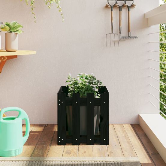 Jardinière carrée pin massif design moderne pour jardin noir 40x40x40 cm
