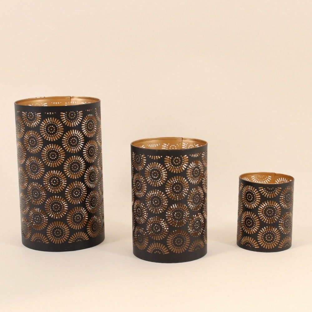 Set de 3 lanternes découpe ajourée fleurs noir & or