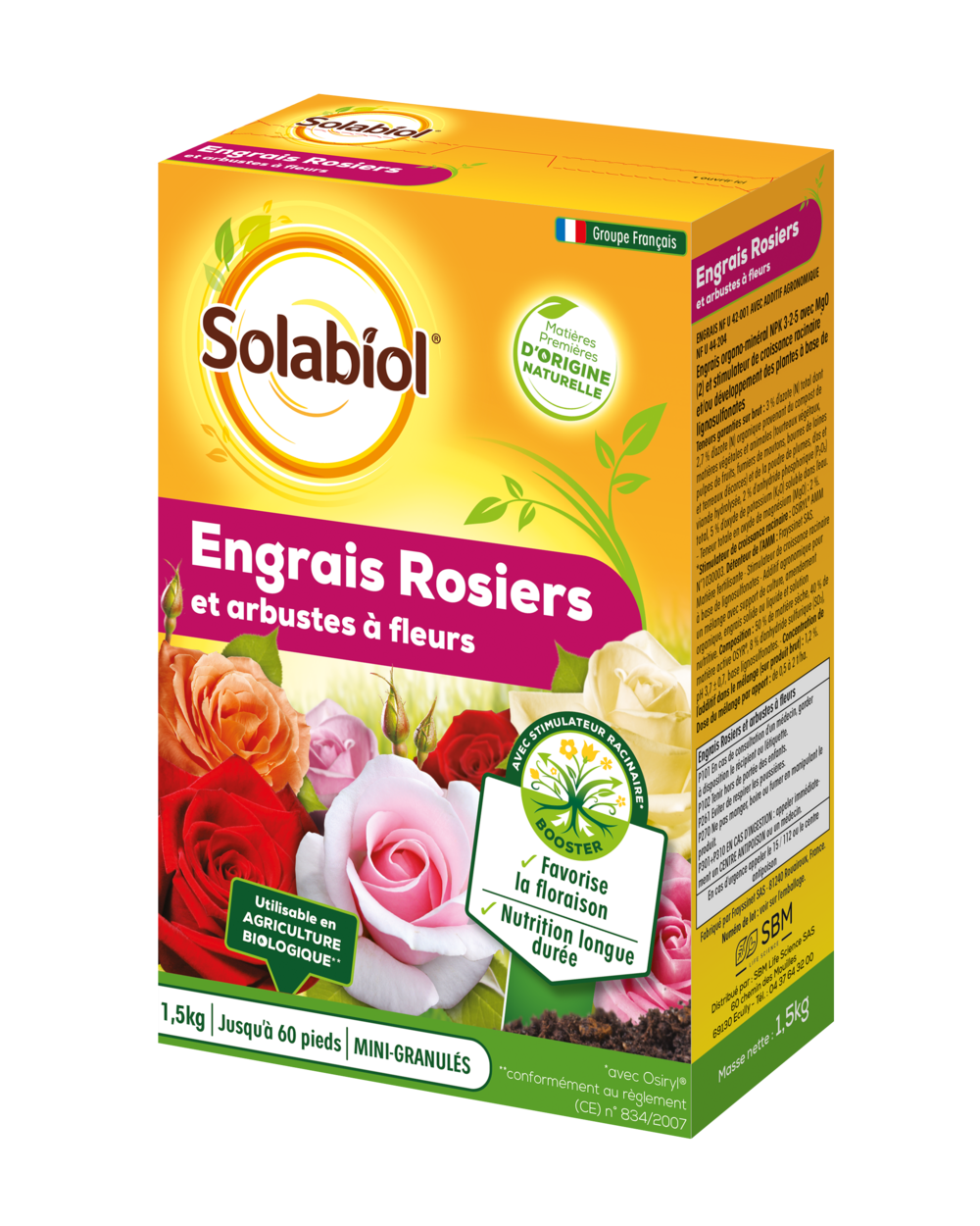 Solabiol engrais rosiers & arbustes a fleurs - 1,5kg - jusqu'à 60 pieds - améliore la floraison - nutrition longue durée