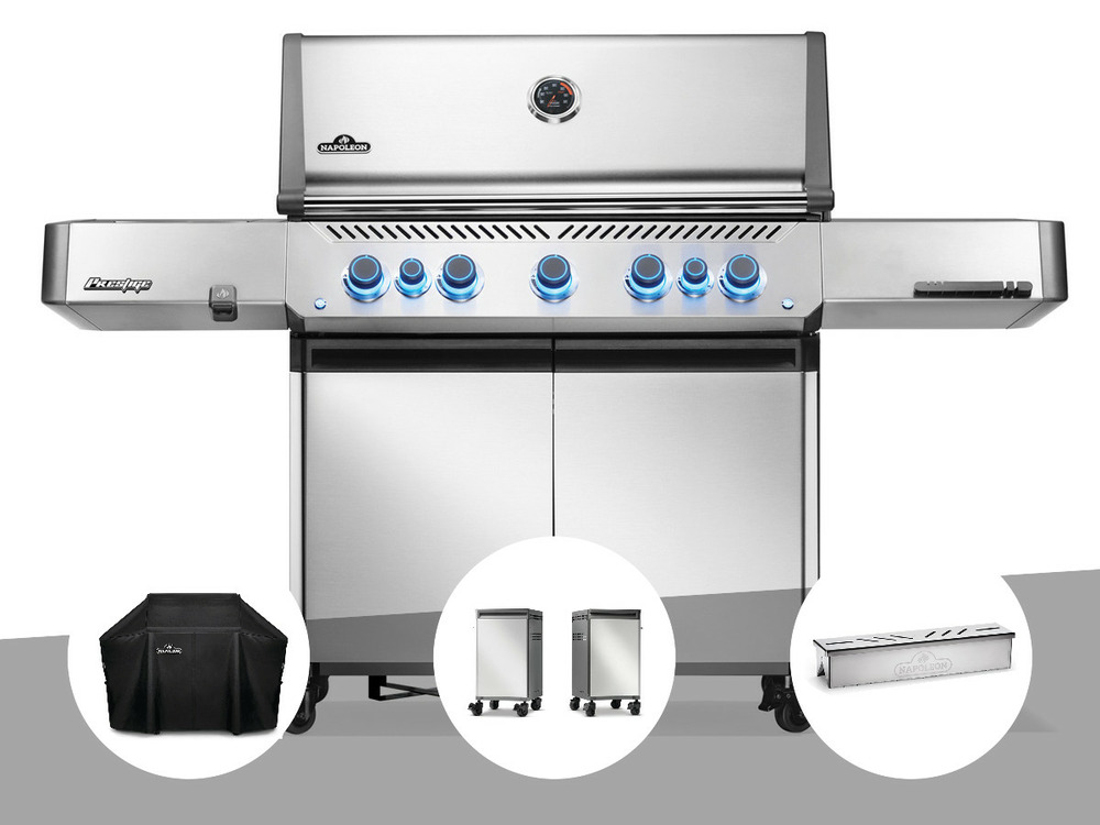 Barbecue à gaz prestige 665 inox + housse + boîtier de fumage + 2 meubles de ran