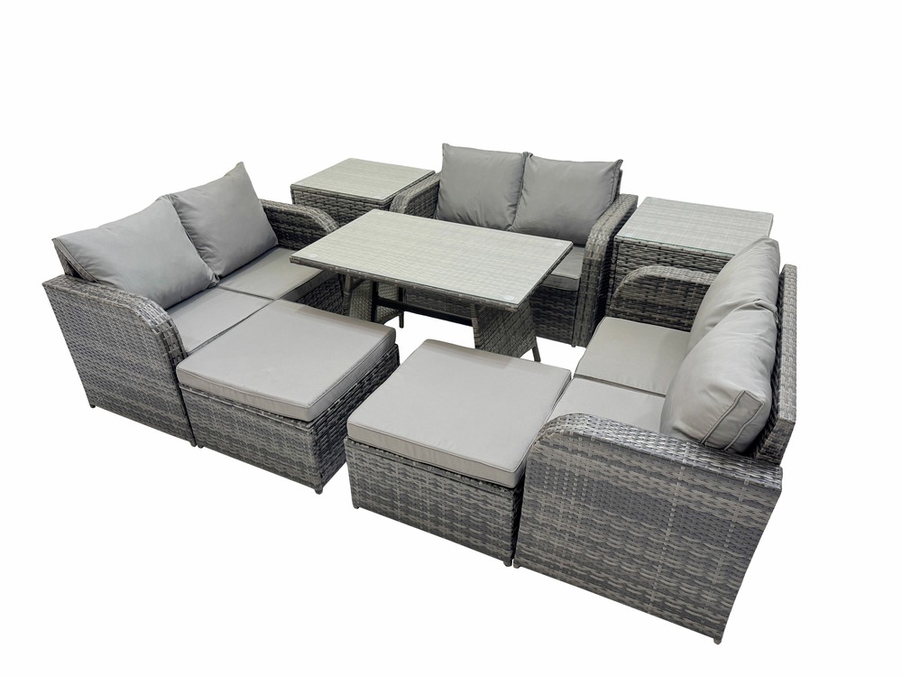 Salon de jardin exterieur 8 places avec canapé d'amour table à manger 2 grand tabourets 2 tables d'appoint gris foncé mixte