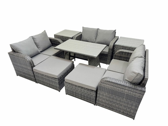 Salon de jardin exterieur 8 places avec canapé d'amour table à manger 2 grand tabourets 2 tables d'appoint gris foncé mixte