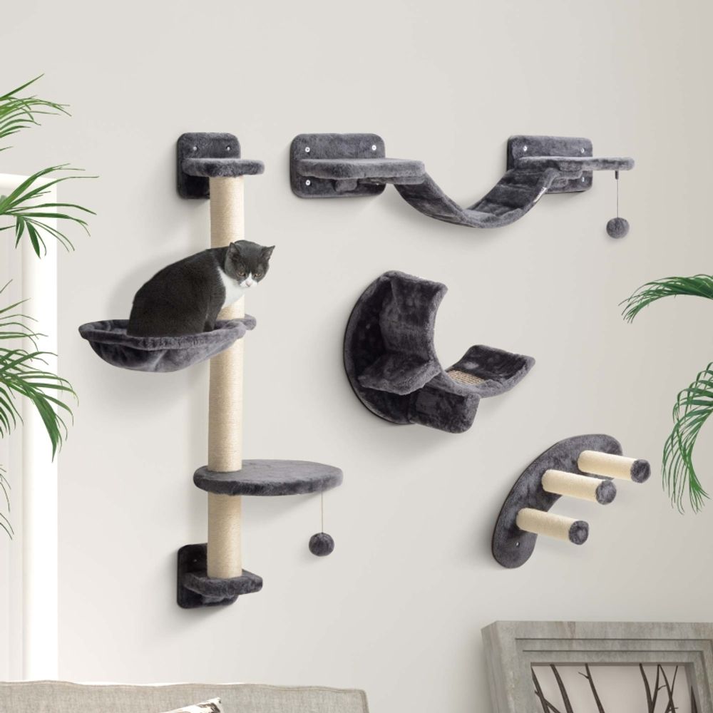 Kit arbre à chat mural 4 pièces sisal peluche griffoir pont hamac gris - comfortxl pet living
