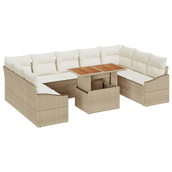 Ensemble de salle à manger de jardin de 10 pièces avec coussins en poly rattan beige acacia