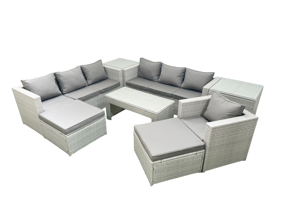 Meubles d'extérieur en rotin avec table basse oblongue fauteuil 2 grand tabourets 2 tables d'appoint gris clair mixte