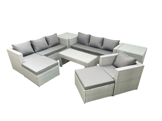 Meubles d'extérieur en rotin avec table basse oblongue fauteuil 2 grand tabourets 2 tables d'appoint gris clair mixte