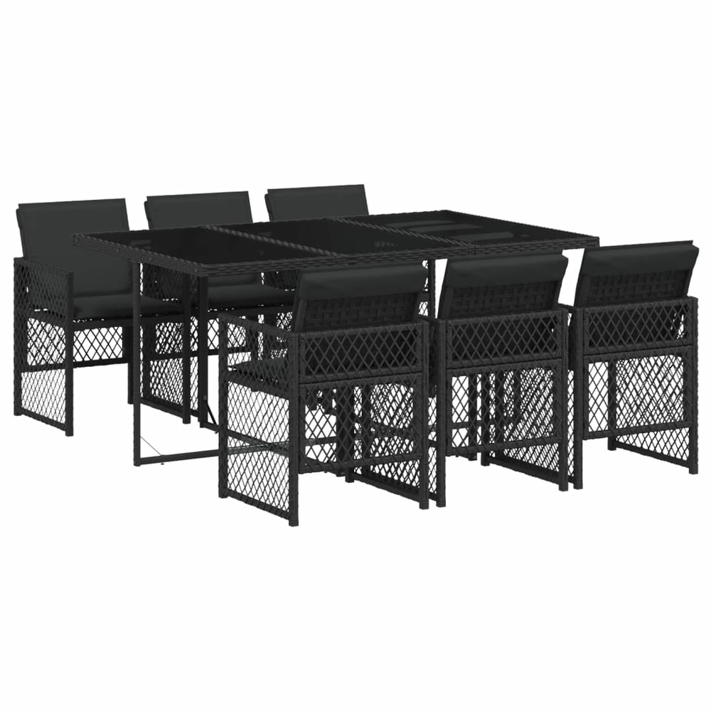 Ensemble à manger de jardin coussins 7 pcs noir résine tressée