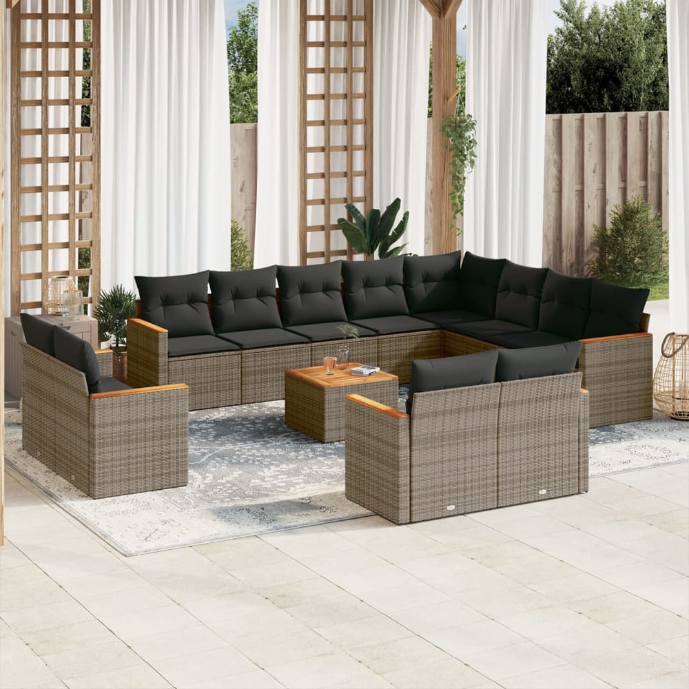 Salon de jardin avec coussins 13 pcs gris résine tressée