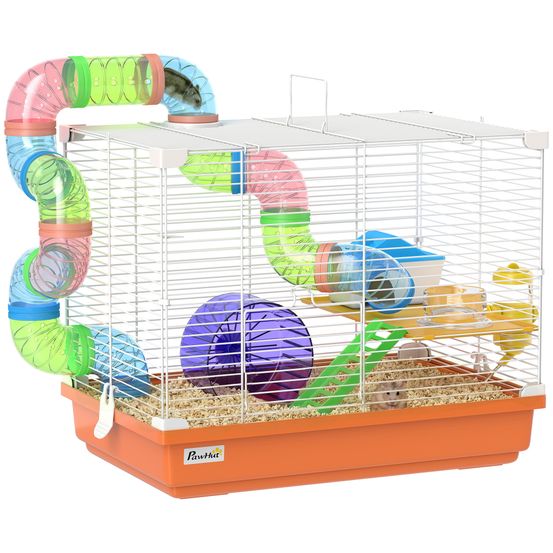 Cage rongeur métal hamster souris centre activités avec tubes 46x30x37cm orange