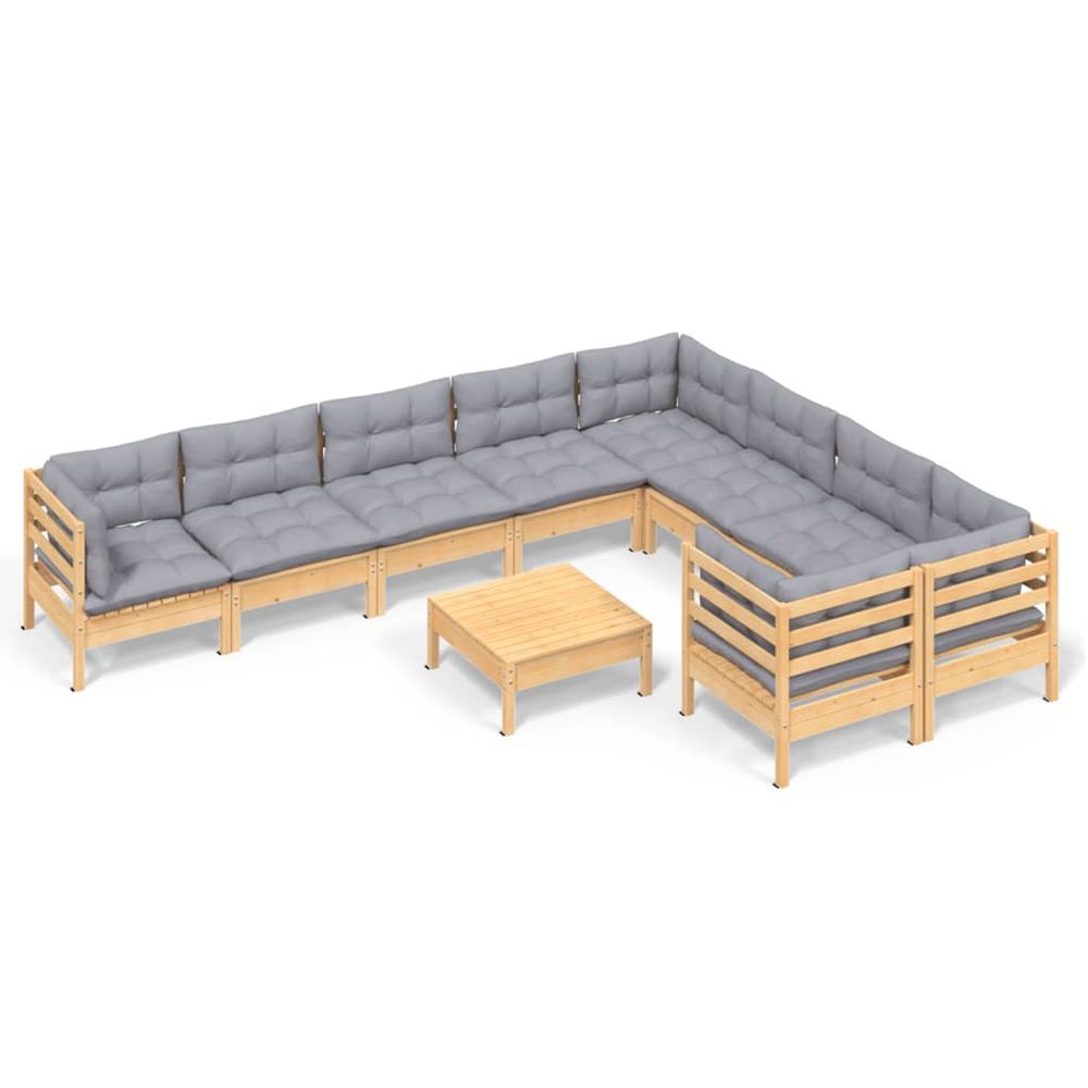 Salon de jardin 10 pcs avec coussins gris bois de pin