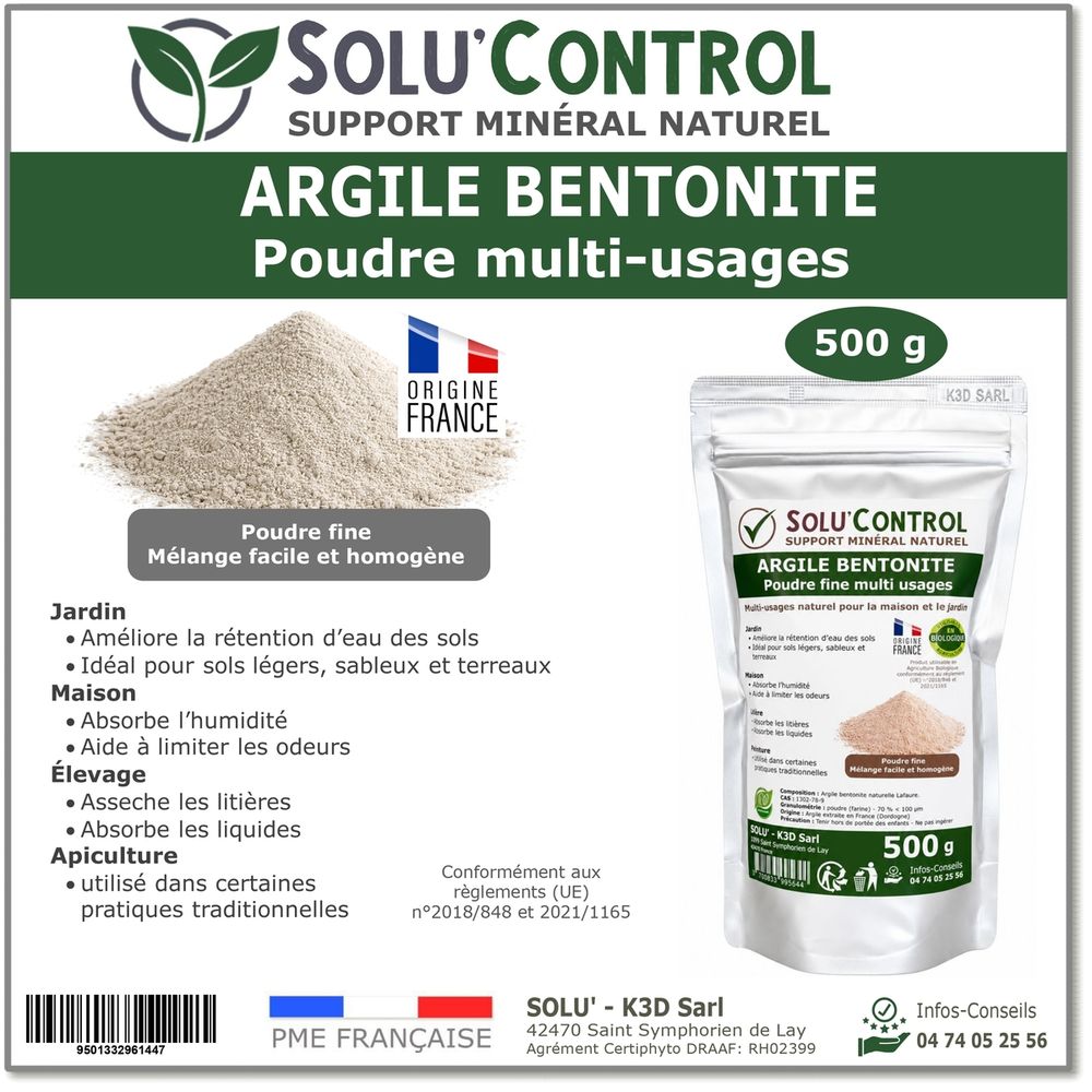 Argile bentonite naturelle en poudre 500 g solu'control – fort pouvoir absorbant – rétention d'eau – jardin, terreau, sols sableux