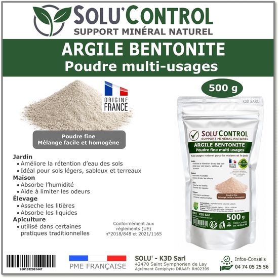 Argile bentonite naturelle en poudre 500 g solu'control – fort pouvoir absorbant – rétention d'eau – jardin, terreau, sols sableux